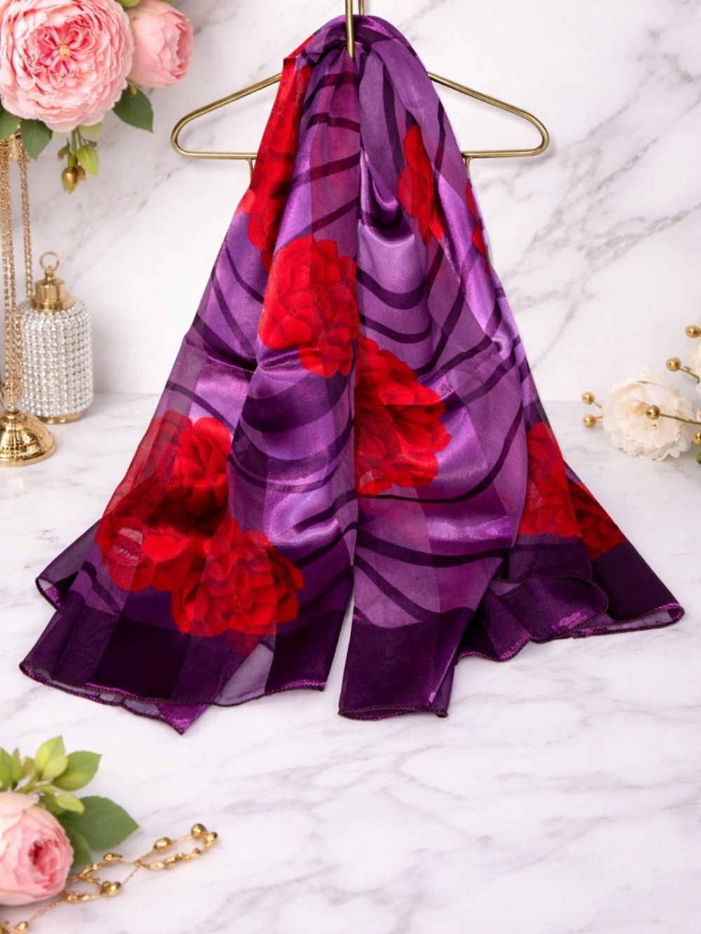 Luxe Violet Silk-Blend Scarf with Crimson Rose Motif 38” x 38”